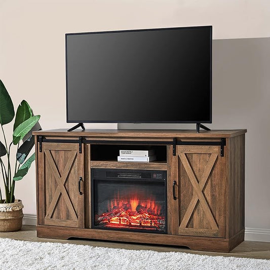Amerlife Fireplace TV Stand with Sliding Barn Door for TVs up to 65", Farmhouse 59" Fireplace Entertainment Center with Storage Cabinets/Adjustable Shelves, Barnwood