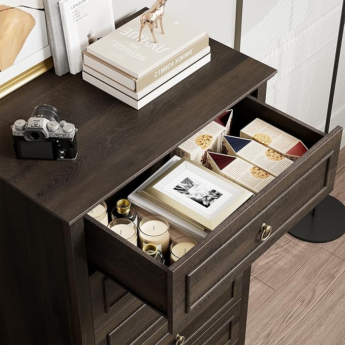 HOSTACK 6 Drawer Dresser for Bedroom, 52" Tall Dresser, Modern Farmhouse Vertical Chest of Drawers for Bedroom, Wooden Closet Chest, Wood Storage Cabinet for Living Room, Entryway, Dark Brown