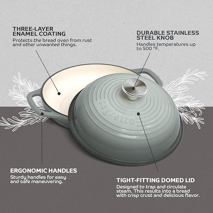 Enameled Cast Iron Bread Pan with Lid, 11” Grigio Scuro (Gray) Bread Oven Cast Iron Sourdough Baking Pan, Dutch Oven for Bread - Segretto Cookware