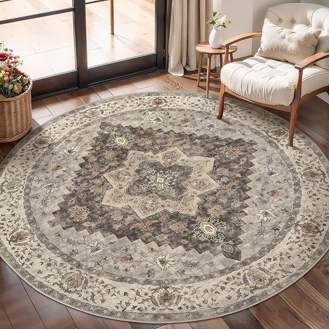 Tangsoo Vintage Round Rug 4ft Washable Circle Rug, Non Slip Small Boho Round Rug, Low Pile Circular Rugs, Round Carpet for Bedroom,Entryway,Nursery,Dorm,Kitchen,Brown/Grey