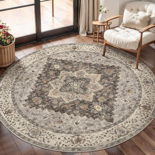 Tangsoo Vintage Round Rug 4ft Washable Circle Rug, Non Slip Small Boho Round Rug, Low Pile Circular Rugs, Round Carpet for Bedroom,Entryway,Nursery,Dorm,Kitchen,Brown/Grey