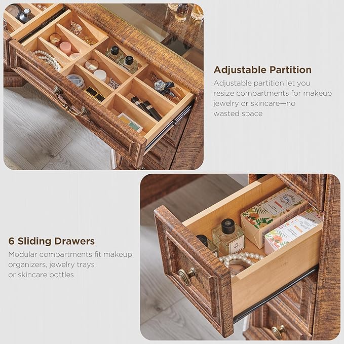 Vanity Desk with Mirror and Lights, 48'' LED Lights Farmhouse Makeup Vanity with 8 Drawers, Vanity Table with 3 Color Modes, Dressing Table with Glass Top and Power for Bedroom(Reclaimed Barnwood)