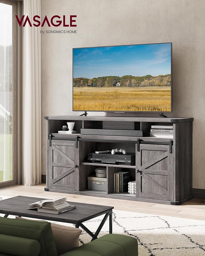 VASAGLE TV Stand for TVs up to 65 Inches, Farmhouse Entertainment Center with Sliding Barn Doors, TV Console Table for Living Room, Misty Gray ULTV322G68