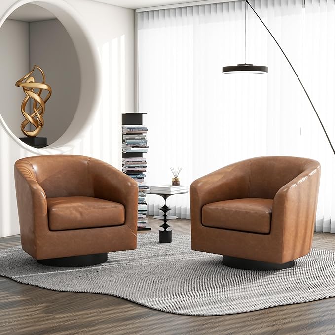 Swivel Barrel Accent Chair, Modern Round Faux Leather Arm Chair for Living Room, Bedroom, Comfy Club Reading Chairs for Adults(Faux Leather, Brown, Set of 4)
