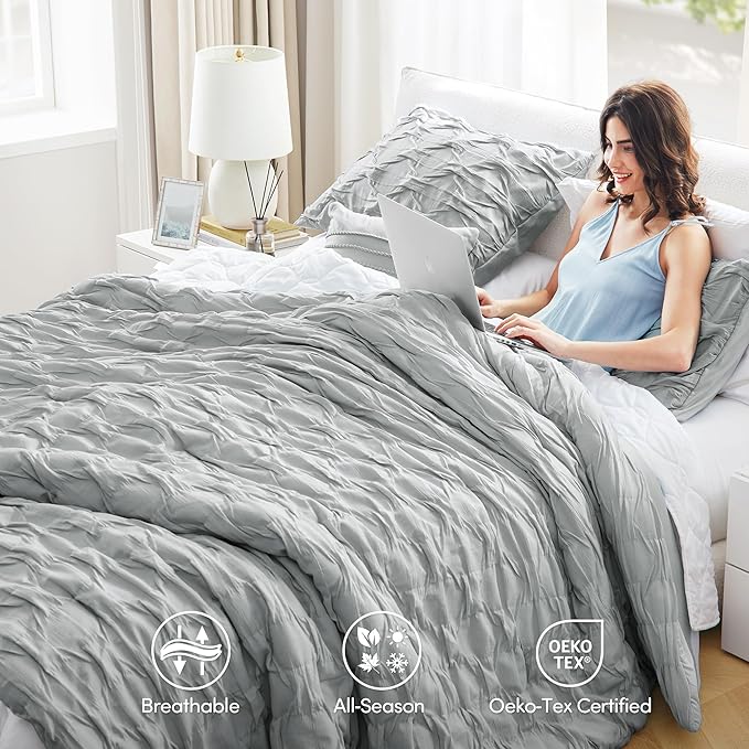 Comfort Spaces Comforter for Queen Size Bed, Ogee Ruched with Crinkle Texture, Breathable Comforter Set Queen, All Season Lightweight Bedding Set, Shams, Décor Pilow, Full/Queen Gray 4 Piece