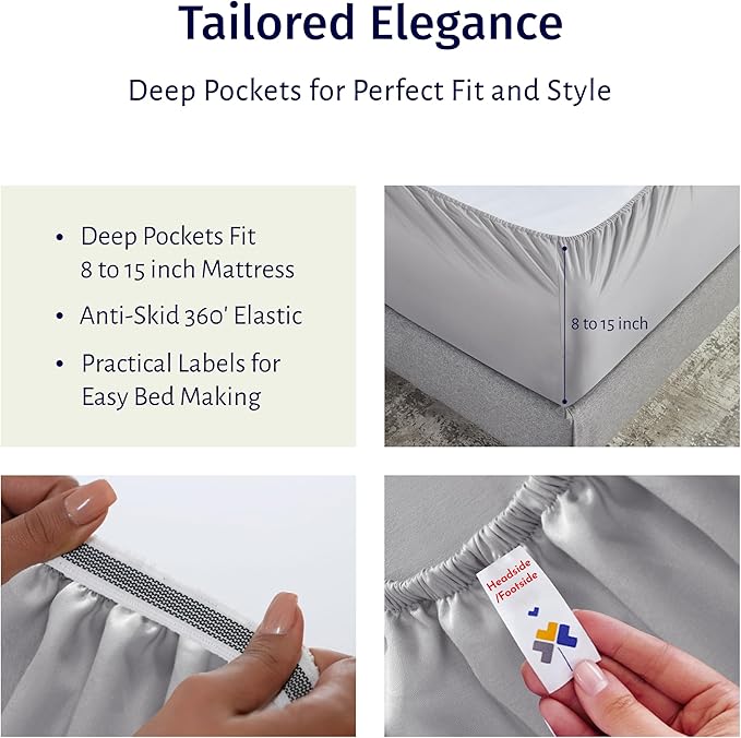 California Design Den Deep Pocket Full Size Sheets Set - Certified 100% Egyptian Cotton Percale Sheets, Cool, Crisp & Durable Luxury Bedding Set - Light Grey