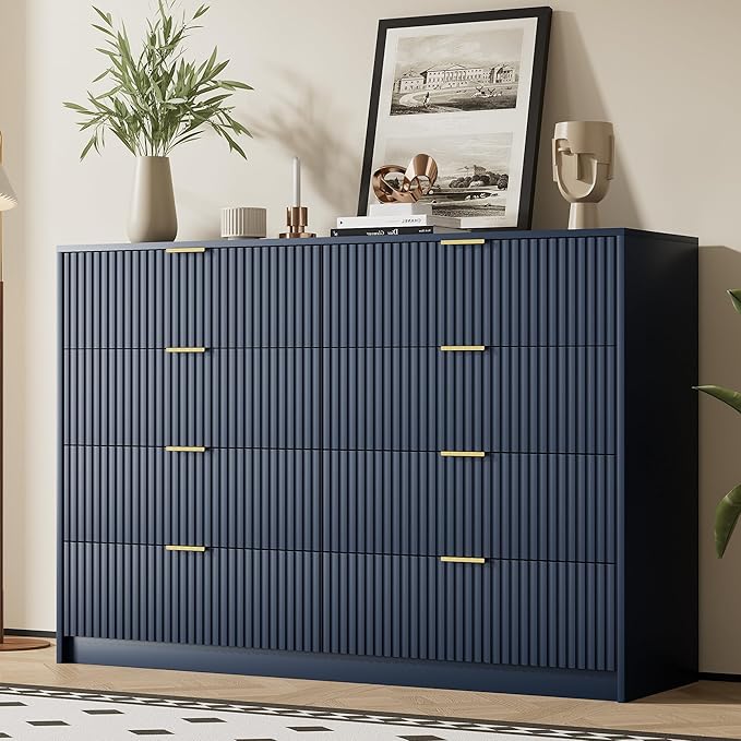 Navy Blue Dresser for Bedroom, Modern Dresser with 8 Drawers and Smooth Slides, Wide Chest of Drawers with Golden Handles for Bedroom, Closet, 15.7" D x 55" W x 37.4" H