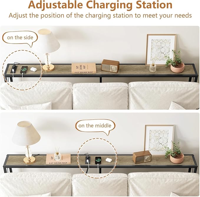 70" Sofa Tables Narrow Long, Behind Couch Table with Oulets & USB Ports, Industrial Long Skinny Stand for Entryway,Hallway, Living Room, Bedroom 7.9" D x 70" W x 24.8" H