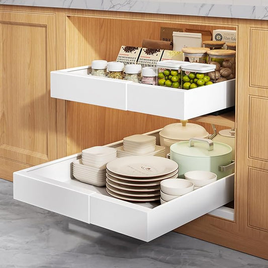 2 Pack Pull Out Cabinet Organizers 21" Deep With Raising Pad for Framed Cabinets, Expandable Width (9"-14") Slide Out Drawers Upgrade 3 Slide Rails, Roll Out Shelves Adhesive, White