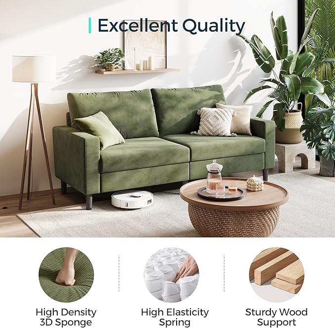 LINSY Modern Loveseat Sofa Couches for Living Room, Comfy Corduroy Sofa, Adjustable Seat Depth, Extra Deep Seats, Solid Wood Frame, Removable Cover, Love Seat Couch for Small Spaces (79inch, Green)