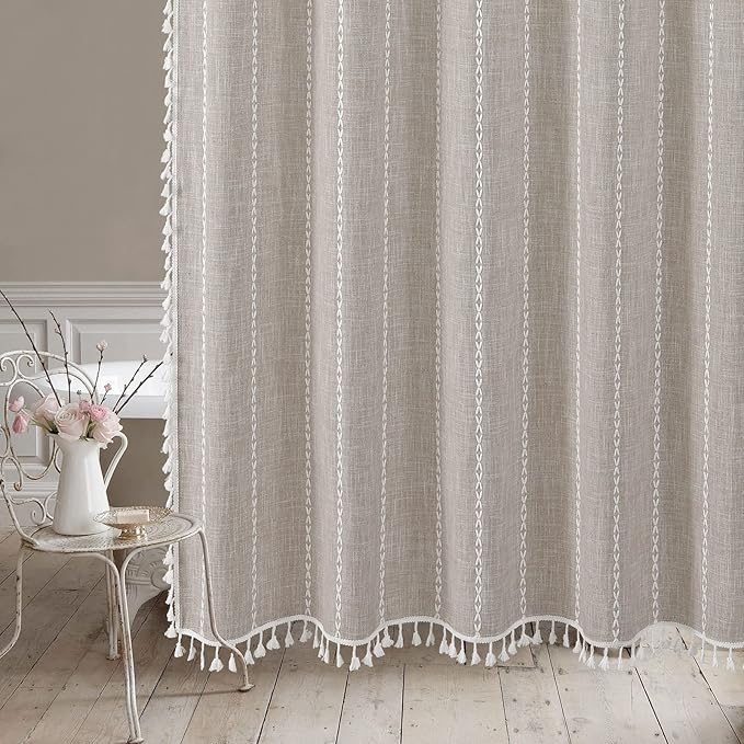 MitoVilla Boho Extra Long Shower Curtain 72 x 84, Tan 84 inch XL Polyester Linen Tassel Fabric Shower Curtain Set with Hooks for Vintage Country Farmhouse Bathroom Decor, Thick & Wrinkle Resistant