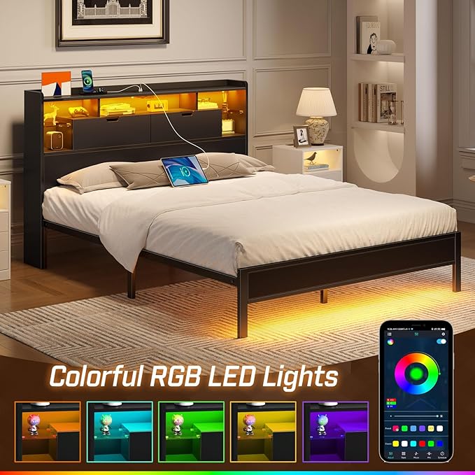 Rolanstar Queen Bed Frame with Headboard, LED Bed with Bookcase Storage and Charging Station, Metal Platform Bed with Glass Shelves, No Box Spring Needed, Noise-Free, Black