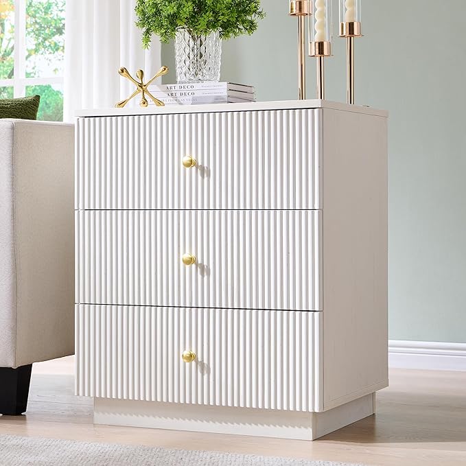 21.65" Night Stand with Charging Station, Fluted Nightstand with Drawer, 3 Drawer Dresser for Bedroom, Modern End Table Bedside Table Chests of Drawers for Bedroom, Living Room, Antique White