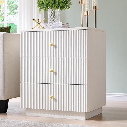 21.65" Night Stand with Charging Station, Fluted Nightstand with Drawer, 3 Drawer Dresser for Bedroom, Modern End Table Bedside Table Chests of Drawers for Bedroom, Living Room, Antique White