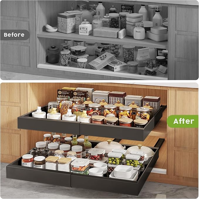 4 Pack Pull Out Cabinet Organizers 21" Deep With Raising Pad for Framed Cabinets, Expandable Width (15.2"-26.3") Slide Out Drawers Upgrade 3 Slide Rails, Roll Out Shelves Adhesive, Black