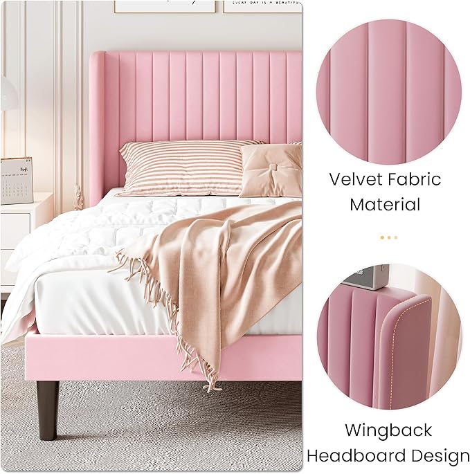 SHA CERLIN Queen Size Velvet Bed Frame with Vertical Channel Tufted Wingback Headboard, Upholstered Platform Bed with Wood Slats, No Box Spring Needed, Easy Assembly, Pink