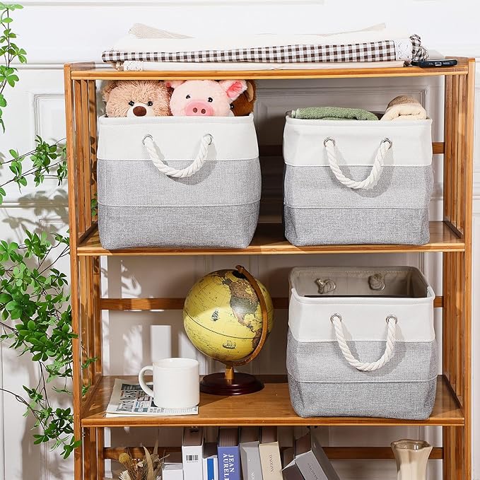 meekoo 8 Pack Collapsible Storage Bins Fabric Storage Bins Polyester Fabric Baskets with Handles Linen Closet Organizer for Shelf Home Closet Towels Toys(15 x 11 x 9.5 in,Mixed Gray)