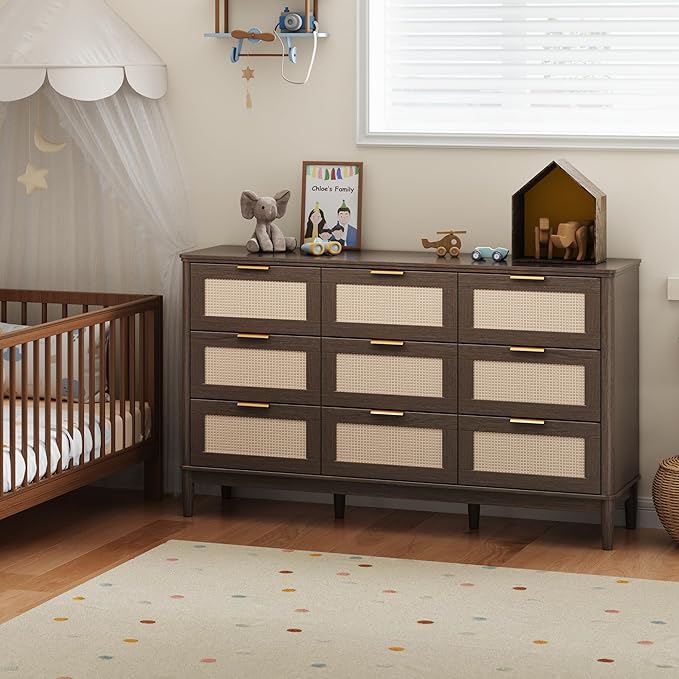 LINSY HOME Rattan Dresser for Bedroom with 9 Drawers, 58" Wide Chest of Drawers, Mid Century Modern Dresser TV Stand with Metal Handle, Wood Closet Storage Cabinet for Living Room, Hallway, Walnut
