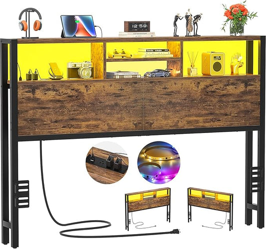 Aheaplus Headboard for Queen Size Bed with Storage, Headboards with Outlets, USB Ports and LED Light, Queen Head Board Only, Height Adjustable, Reversible, Sturdy and Stable Headboard, Rustic Brown