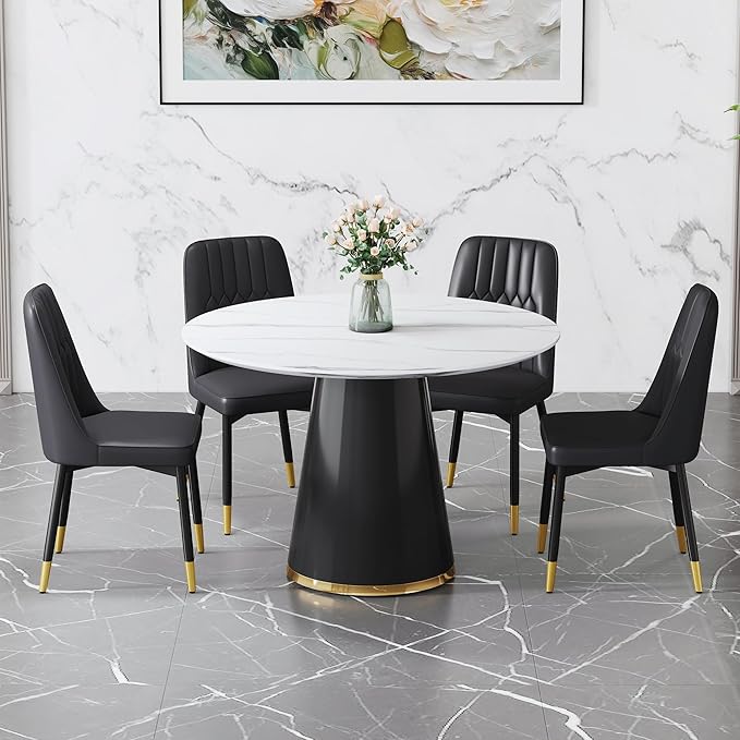 45 Inch Round Dining Table Set for 4, 5 Piece Kitchen Table and Chairs Set, White Faux Marble Table Top, Small Space Dining Set for Apartment or Dining Room