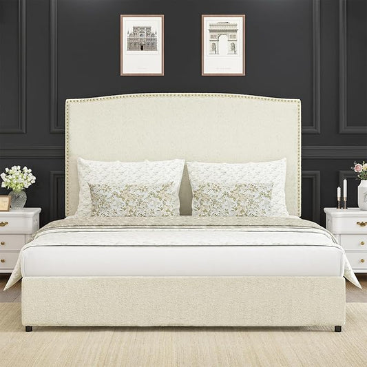 Full Bed Frame, Full Size Upholstered Platform Bed Frame with 56" Headboard, Soft Boucle Fabric, Mid-Century Modern Design, No Box Spring Required, Easy Assembly, Beige