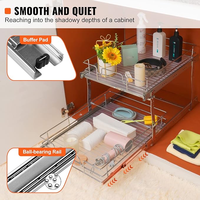 VEVOR Pull Out Cabinet Organizer, 17"Wx21"D 2 Tier Heavy Duty Slide Out Pantry Shelves, Chrome-Plated Steel Roll Out Drawers, Sliding Drawer Storage, 18.5"Wx22"D Install Size for Cabinet