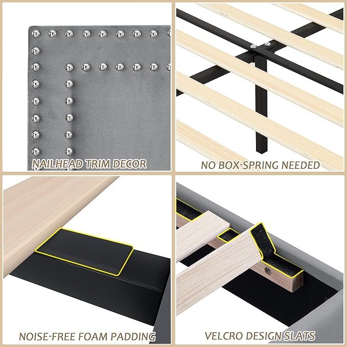 VECELO Full Size Bed Frame with Adjustable Upholstered Headboard, Wooden Slats Platform, Noise-Free Design, Easy Assembly