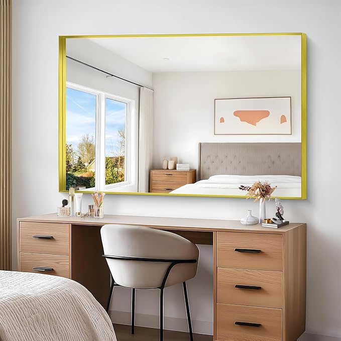 Gold Bathroom Mirror, 60x40 Inch Rectangular Framed Mirror, Large Wall Mounted Bathroom Vanity Mirror Over Sink for Bedroom,Restroom, Living Room, Hangs Vertically or Horizontally
