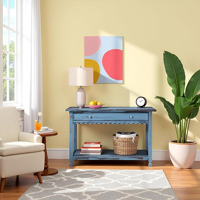 Alaterre Furniture Rustic Cottage Media Console Table, Antique Blue with 1 Drawer and 1 Shelf, Hardwood Construction, Ideal for Living Room or Entryway