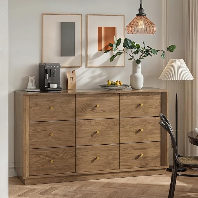 9 Drawer Dresser, Mid Century Modern Dresser with Storage, 55" Wide Chest of Drawers with Wood Grain Texture, Drawers Organizer for Bedroom, Living Room, Hallway, Walnut