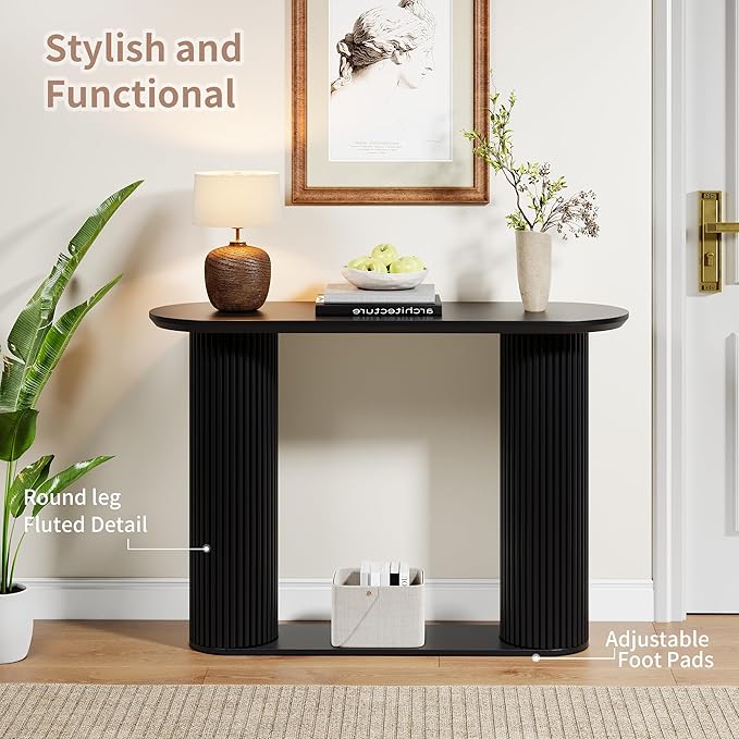 Fluted Console Table, Farmhouse Entryway Table with Storage and Fluted Wood Legs, Narrow Sofa Table Small Long Entry Table for Entrance, Hallway, Living Room (Black)