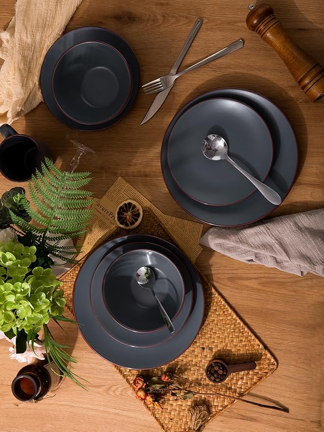 Famiware Venus Plates and Bowls Sets, 12 Pieces Stoneware Speckled Dinnerware Sets, Dishes Set for 4, Microwave and Dishwasher Safe, Matte Charcoal