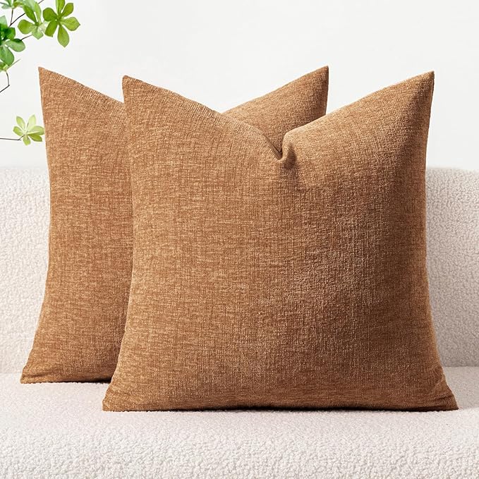 MIULEE Pack of 2 Brown Throw Pillow Covers 18x18 Inch Soft Chenille Pillow Covers for Sofa Living Room Couch Solid Dyed Cases