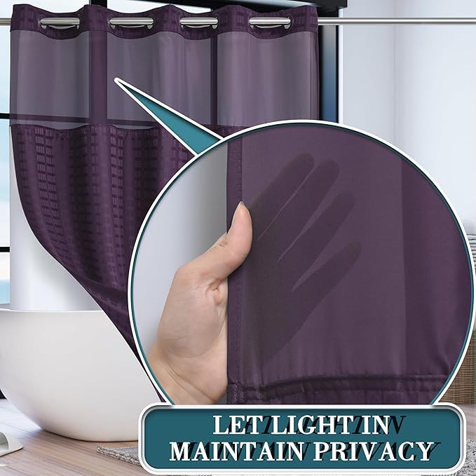 Extra Long No Hook Shower Curtain with Snap in Liner Set, Hotel Luxury Purple Shower Curtains for Bathroom with See Through Top Window, Waterproof, Washable 71W x 84H