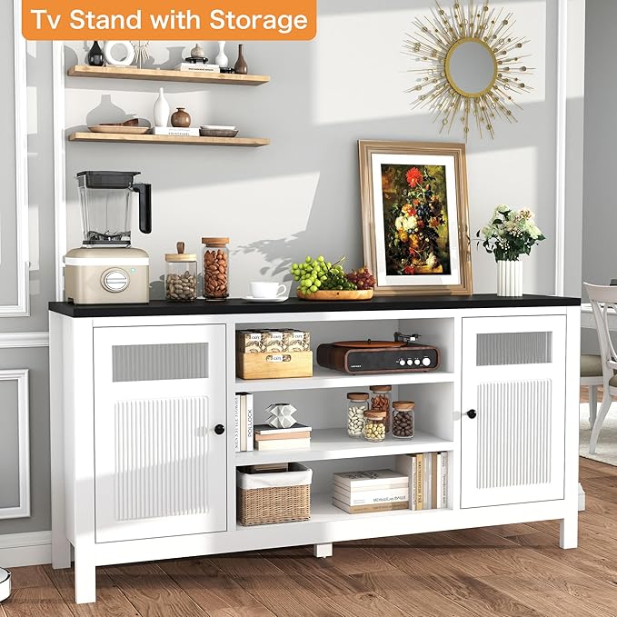 Tv Stand for Living Room: 63" Tv Entertainment Center with Storage, White Media Console Cabinet with 2 Doors, Suitable for 50-70 Inch Television（White）