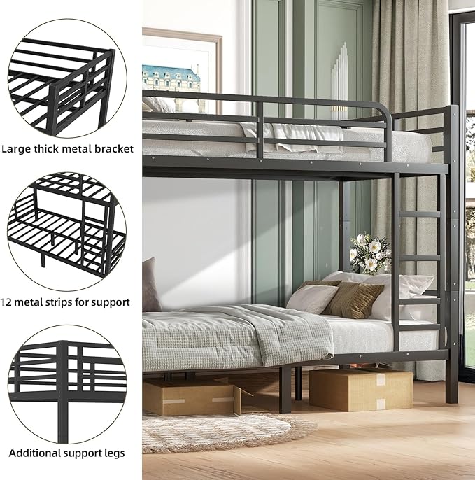Twin XL Over Twin XL Bunk Bed Frame, Heavy Duty Metal Loft Bed for Adults/Teens, 350/500LB Capacity w/Ladder & Guardrail, Noise-Free Steel Slats, No Box Spring Required, Black