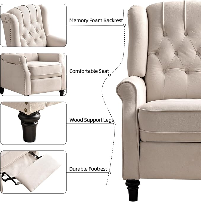EBELLO Pushback Recliner Chair, Fabric Armchair Push Back Recliner with Rivet Decoration, Mid Century Wingback Accent Chair for Living Room, Bedroom, Beige