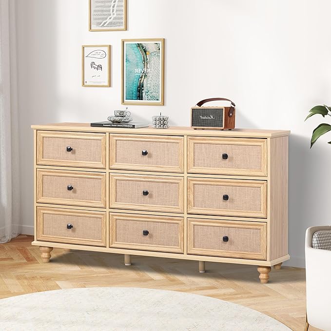 ORRD 9 Drawer Dresser for Bedroom, Mid Century Modern Wide Wood Rustic Chest of Drawers Wooden Storage Organizer Dressers with Burlap Rattan Drawers for Living Room, Hallway Closet, Entryway, Natural