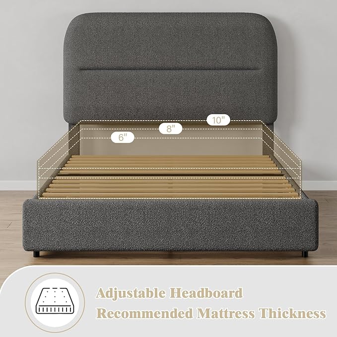 Twin Size Boucle Bed Frame, Upholstered Bed Frame with Rounded Headboard, Soft Modern Twin Bed Frames with Thickened Footboard, Rounded Corners, No Box Spring Needed, Easy Assembly, Grey