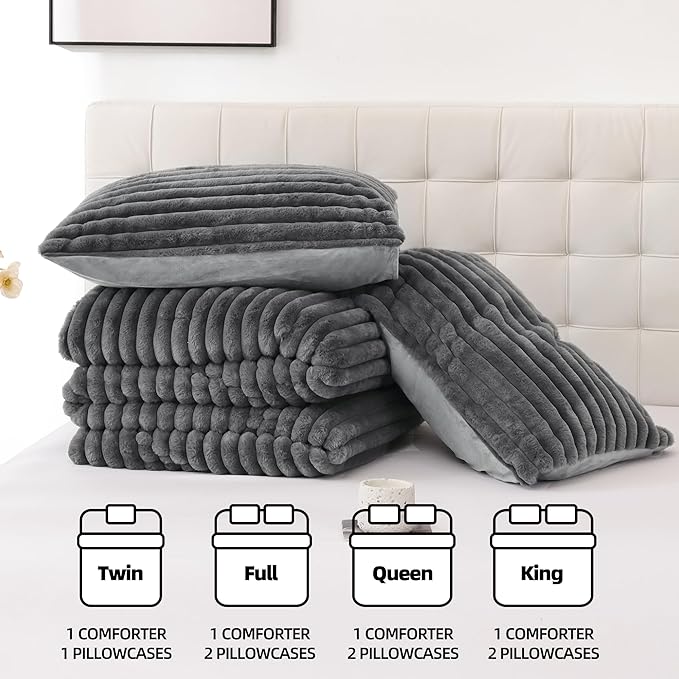 Smoofy Fluffy Queen Comforter Set 3 Pieces - Dark Grey Fleece Fluffy Comforter Set, Luxury Fuzzy Queen Bedding Set, Soft Warm Bed Set All Season, Heavy Faux Fur Comforter with 2 Pillow Cases