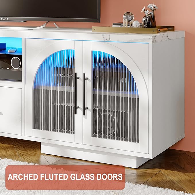 70" TV Stand for 75 Inch TVs, Modern Entertainment Center with LED Lights and Arched Glass Doors, Faux Marble Wood Finish, Adjustable Shelves, TV Cabinet for Living Room, White