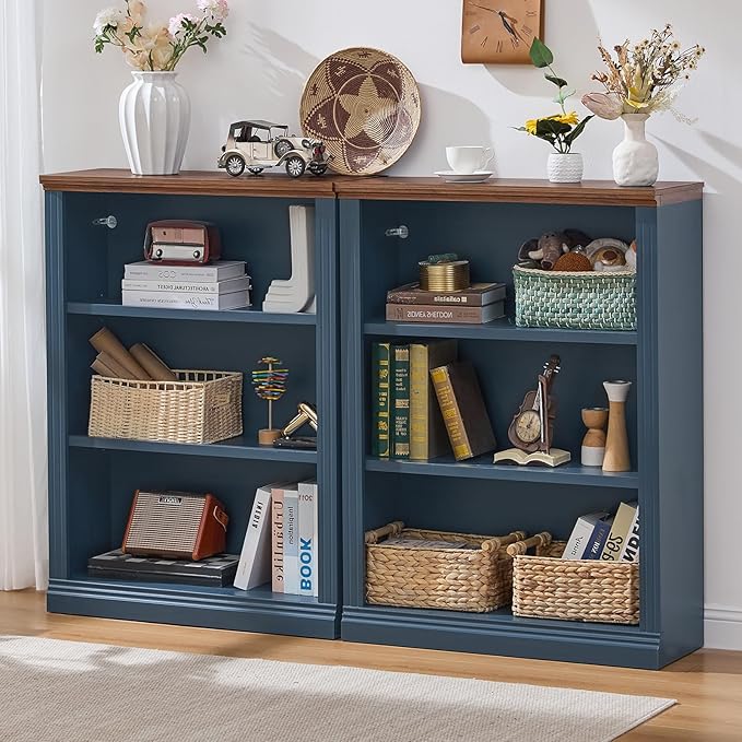 43" Blue Tall Bookshelf Set of 3,3-Tier Thick Wooden Book Shelf with Adjustable Shelves,Free Standing Farmhouse Bookcase with Open Display Storage,Floor Vintage Bookshelves for Living Room ﻿