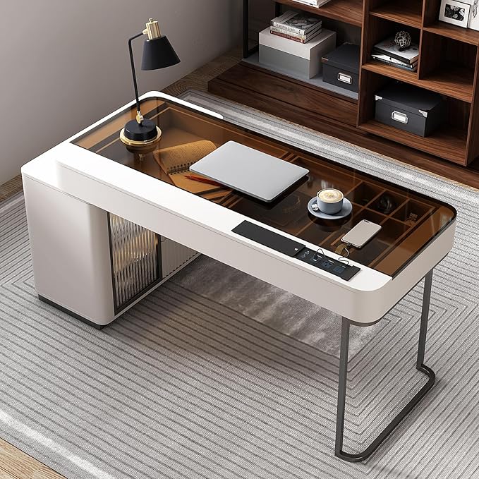Lartis Office Desk, Very Easy to Assemble, Computer Desk, Home Telescopic Writing Desk, Modern Computer Desk with Retractable Cabinet Built-in LED Lights (Ivory, 47 in)