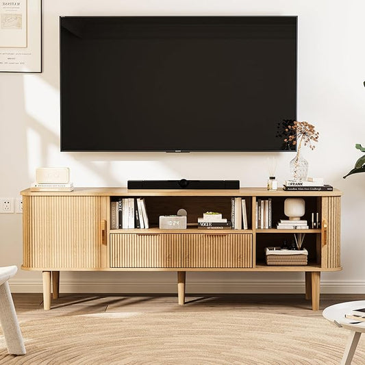 TV Stand 62.4 Inch Mid Century Modern Media Console Table with Drawer Sliding Tambour Door Farmhouse Sideboard Buffet Cabinet Fit TVs up to 75 inch Fluted Wood Entertainment Center(Oak)