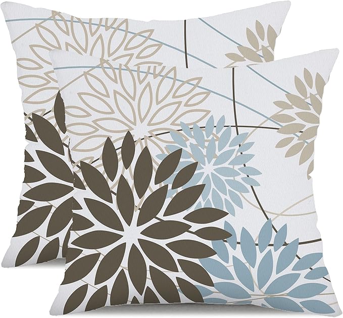 Brown Blue Flower Pillow Covers 20x20 Inch Set of 2 Summer Outdoor Waterproof Decor for Home Patio Funiture Garden Living Room Modern Art Floral Polyester Square Cushion Cover 01F20