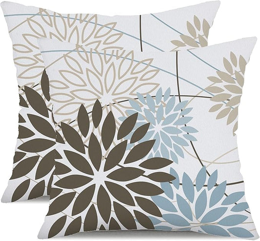 Brown Blue Flower Pillow Covers 16x16 Inch Set of 2 Summer Outdoor Waterproof Decor for Home Patio Funiture Garden Living Room Modern Art Floral Polyester Square Cushion Cover 01F16