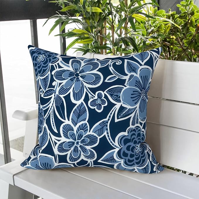 LVTXIII Outdoor Throw Pillow Covers 20 x 20 Inch, Covers ONLY Modern Cute Pattern Decorative Square Toss Pillow Case Pack of 2 for Home Patio Garden Sofa Bed Furniture, Flower Navy