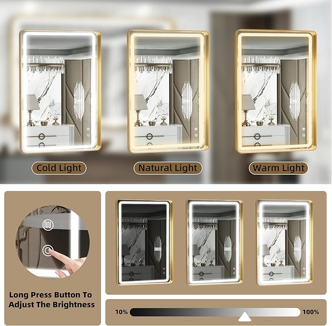 Hasipu 40×30 Inch LED Bathroom Mirror with Lights, Gold Metal Framed Bathroom Light Mirror for Vanity Anti-Fog, Dimmable, 3 Colors (Horizontal/Vertical)