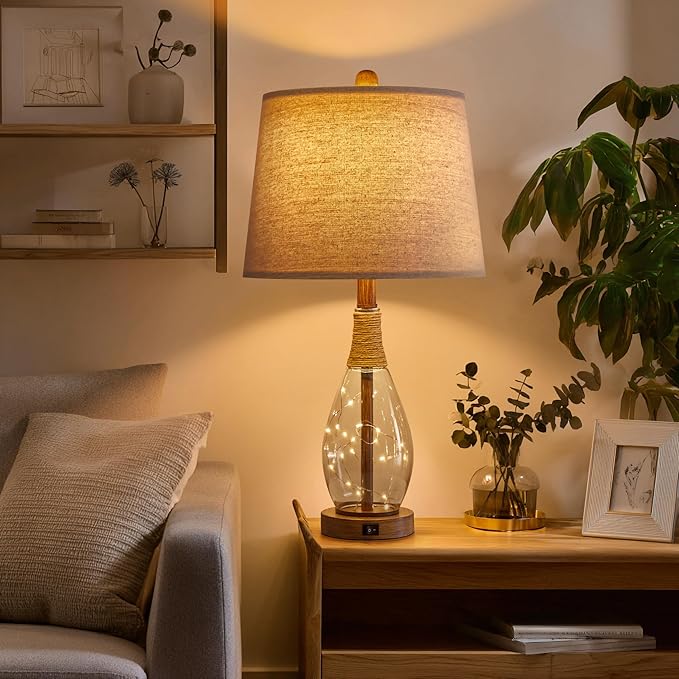 OYEARS 23" USB A+C Table Lamp for Bedroom Living Room Modern Bedside Lamps Retro Farmhouse Rattan Glass Nightstand Nightlight Lamps,Two Light Points