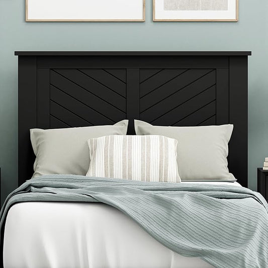 Serene Poplar Wood Twin Headboard, Modern Farmhouse Panel with Chevron Scoring, Twin Size Headboard in Black, Casual Coastal Style, Easy Assembly, Quality Materials